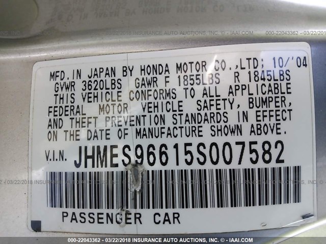 JHMES96615S007582 - 2005 HONDA CIVIC HYBRID TAN photo 9