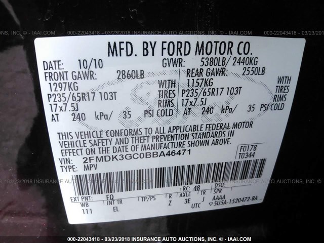 2FMDK3GC0BBA46471 - 2011 FORD EDGE SE PURPLE photo 9