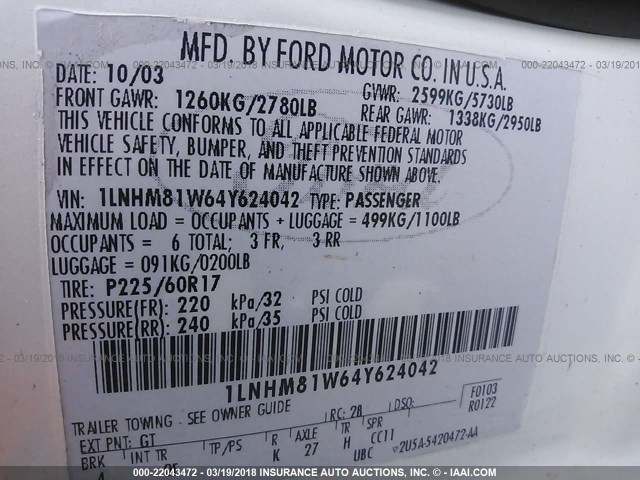 1LNHM81W64Y624042 - 2004 LINCOLN TOWN CAR EXECUTIVE/SIGNATURE Beyaz fotoğraf 9