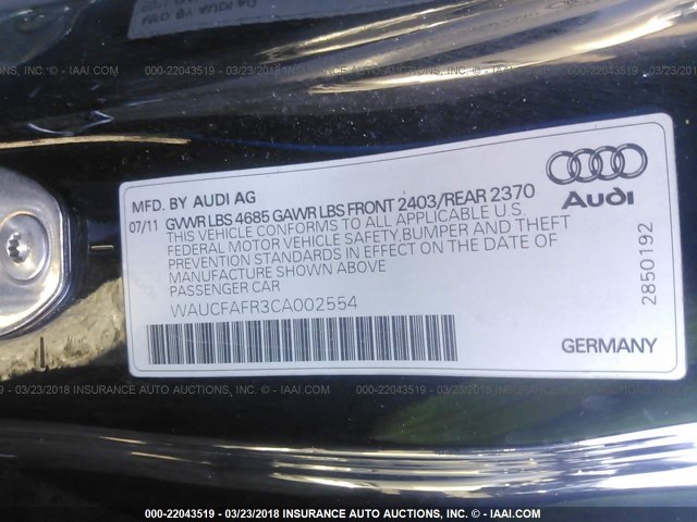 WAUCFAFR3CA002554 - 2012 AUDI A5 PREMIUM BLACK photo 9