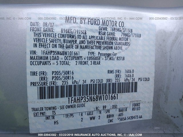 1FAHP35N68W101661 - 2008 FORD FOCUS SE/SEL/SES SILVER photo 9