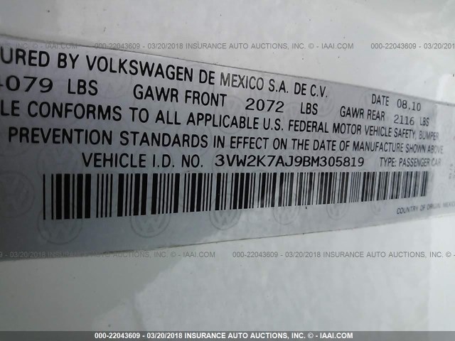 3VW2K7AJ9BM305819 - 2011 VOLKSWAGEN JETTA S 白色 照片 9