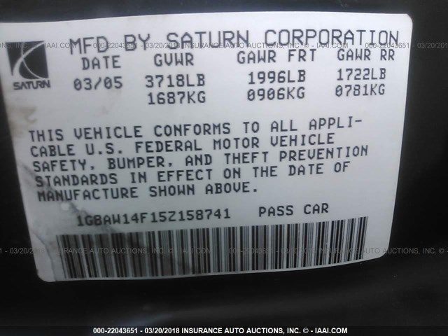 1G8AW14F15Z158741 - 2005 SATURN ION LEVEL 3 SILVER photo 9