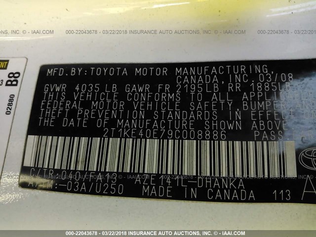 2T1KE40E79C008886 - 2009 TOYOTA COROLLA MATRIX S WHITE photo 9