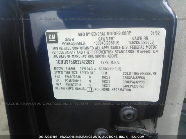 1GNDS13S622472037 - 2002 CHEVROLET TRAILBLAZER  BLUE photo 9