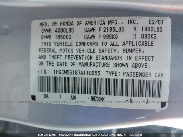 1HGCM56187A110055 - 2007 HONDA ACCORD VALUE SILVER photo 9