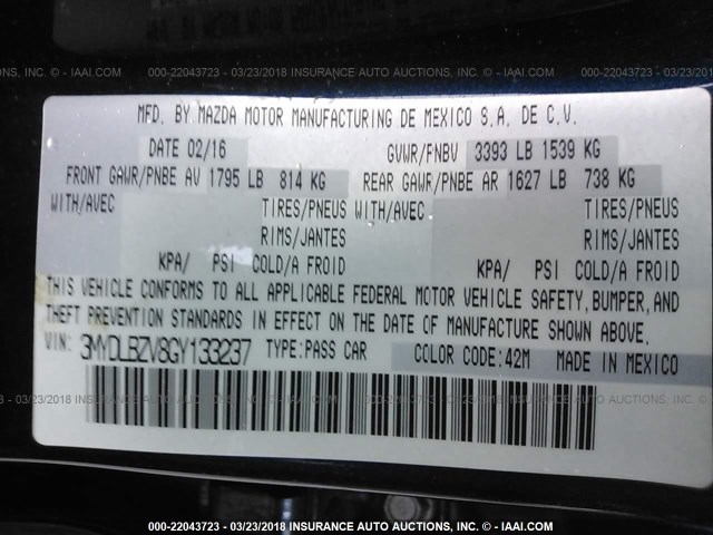 3MYDLBZV8GY133237 - 2016 TOYOTA SCION IA Dark Blue photo 9