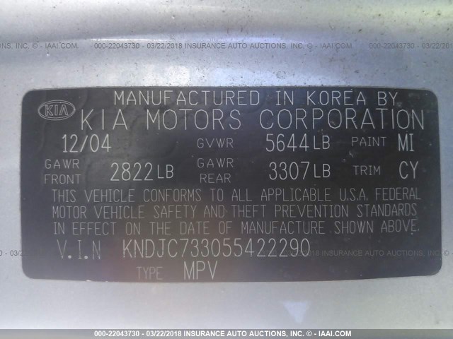 KNDJC733055422290 - 2005 KIA SORENTO EX/LX GRAY photo 9