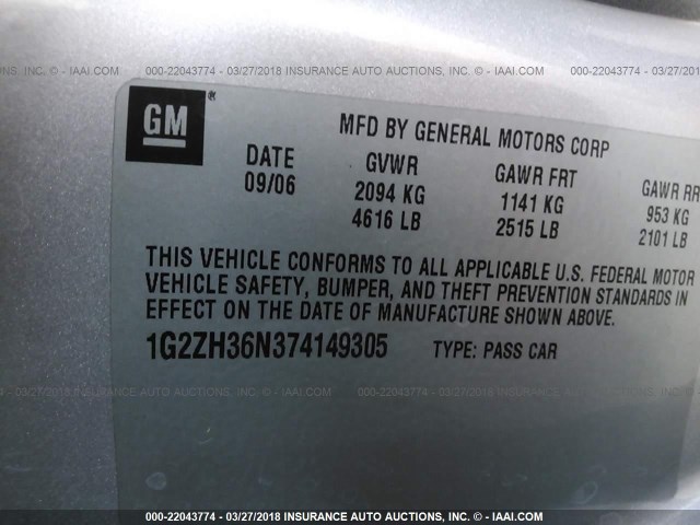 1G2ZH36N374149305 - 2007 PONTIAC G6 GT SILVER photo 9