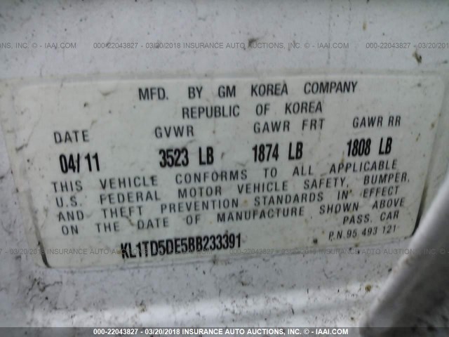 KL1TD5DE5BB233391 - 2011 CHEVROLET AVEO LS/LT 白色 照片 9