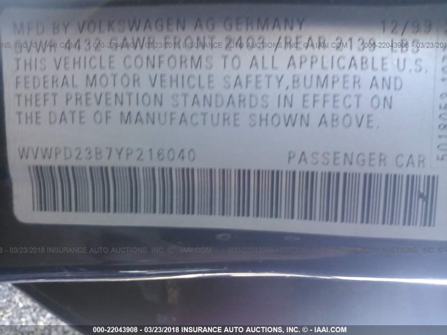 WVWPD23B7YP216040 - 2000 VOLKSWAGEN PASSAT GLX 蓝色 照片 9