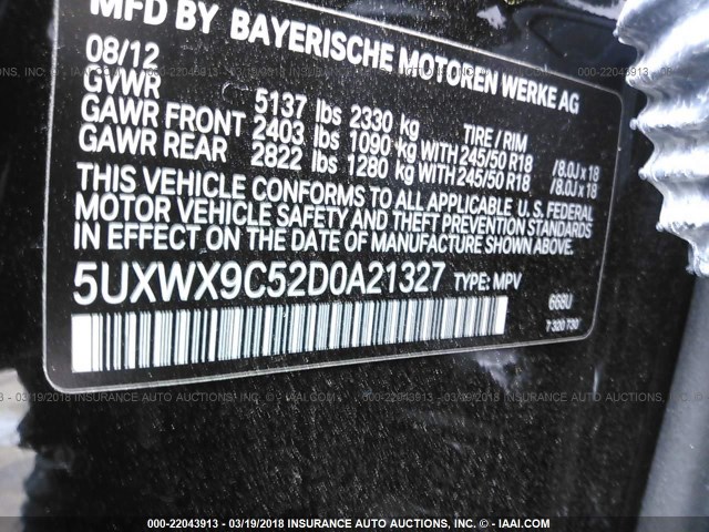 5UXWX9C52D0A21327 - 2013 BMW X3 XDRIVE28I BLACK photo 9