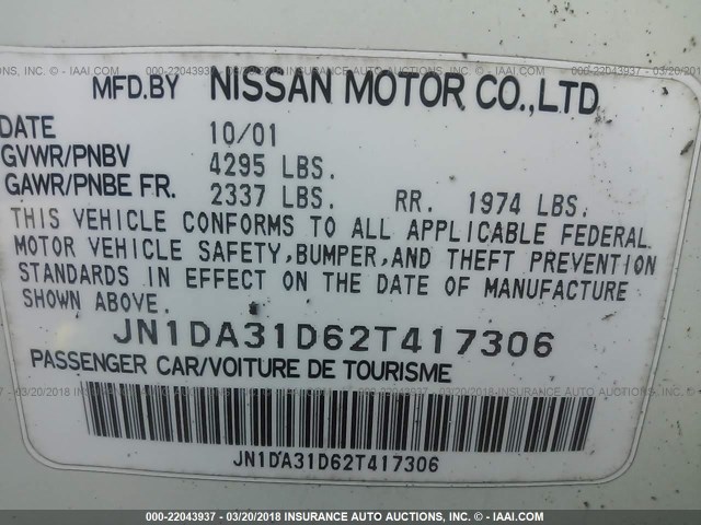 JN1DA31D62T417306 - 2002 NISSAN MAXIMA GLE/GXE/SE WHITE photo 9