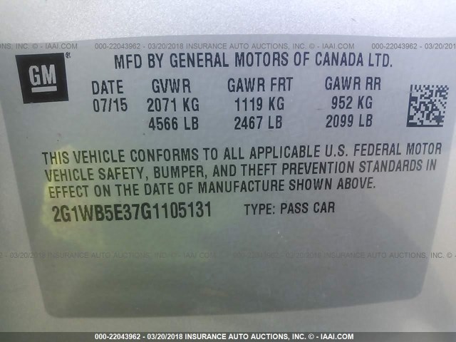 2G1WB5E37G1105131 - 2016 CHEVROLET IMPALA LIMITED LT SILVER photo 9