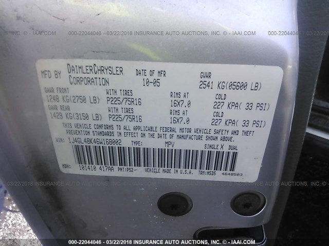 1J4GL48K46W168002 - 2006 JEEP LIBERTY SPORT 银色 照片 9