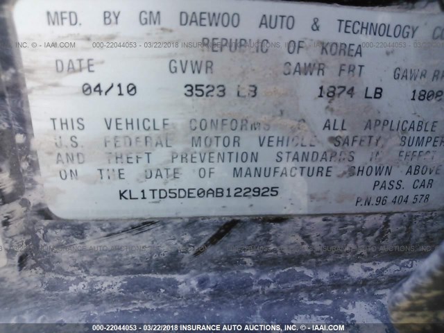 KL1TD5DE0AB122925 - 2010 CHEVROLET AVEO LS/LT 黑色 照片 9