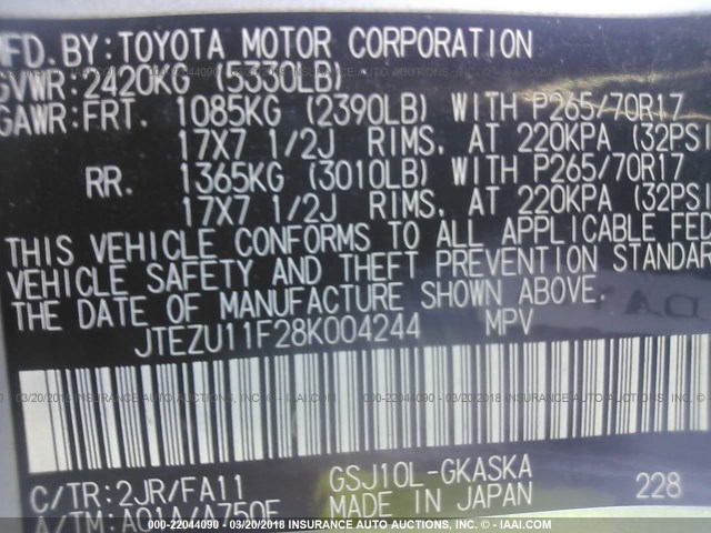 JTEZU11F28K004244 - 2008 TOYOTA FJ CRUISER SILVER photo 9