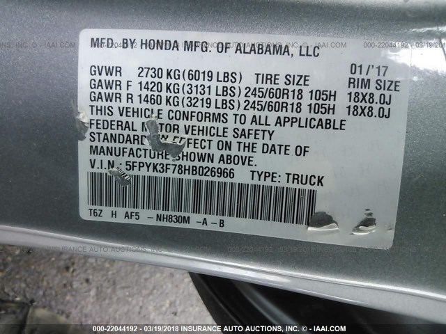 5FPYK3F78HB026966 - 2017 HONDA RIDGELINE RTL SILVER photo 9