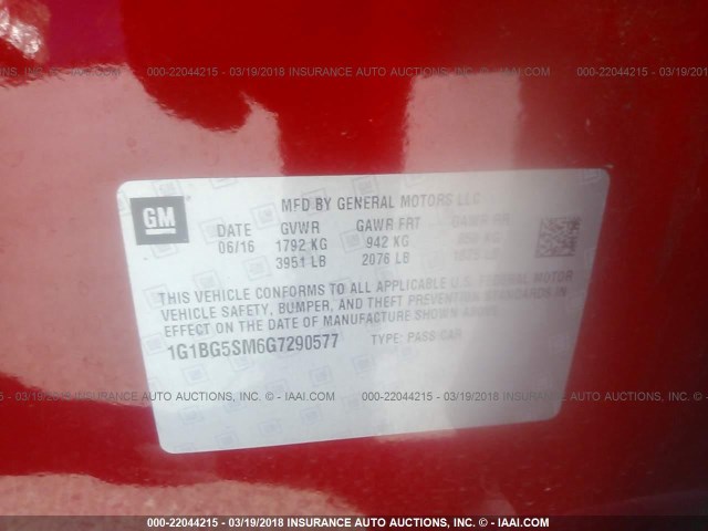 1G1BG5SM6G7290577 - 2016 CHEVROLET CRUZE PREMIER RED photo 9