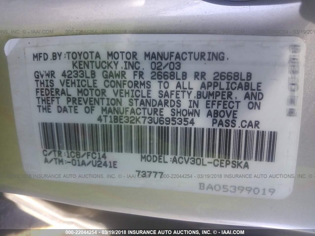 4T1BE32K73U695354 - 2003 TOYOTA CAMRY LE/XLE/SE SILVER photo 9