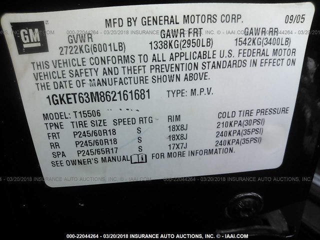 1GKET63M862161681 - 2006 GMC ENVOY DENALI BLACK photo 9