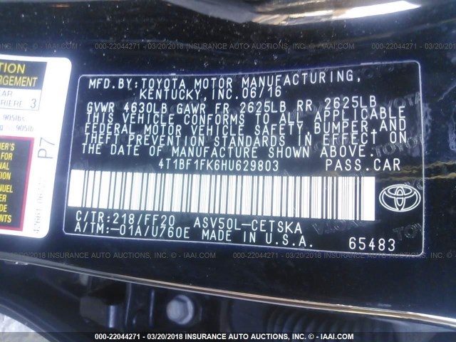 4T1BF1FK6HU629803 - 2017 TOYOTA CAMRY LE/XLE/SE/XSE Schwarz Foto 9