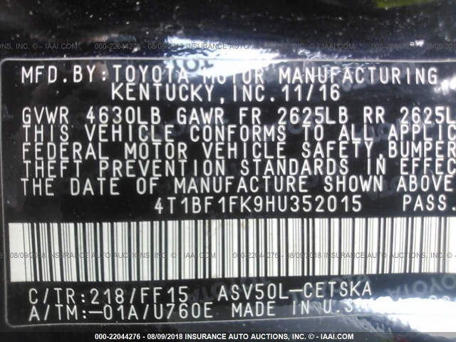 4T1BF1FK9HU352015 - 2017 TOYOTA CAMRY LE/XLE/SE/XSE 黑色 照片 9