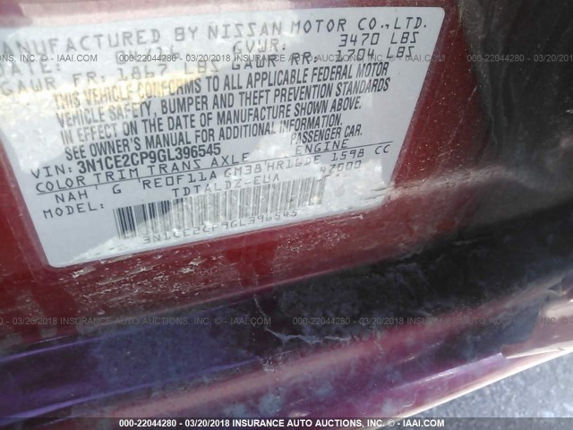 3N1CE2CP9GL396545 - 2016 NISSAN VERSA NOTE S/S PLUS/SV/SL/SR RED photo 9