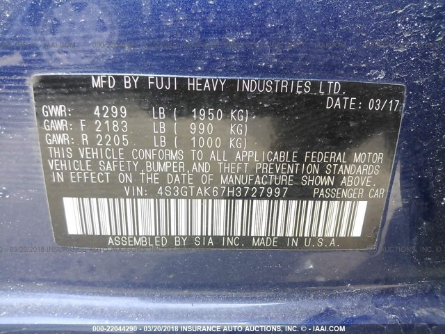 4S3GTAK67H3727997 - 2017 SUBARU IMPREZA SPORT BLUE photo 9