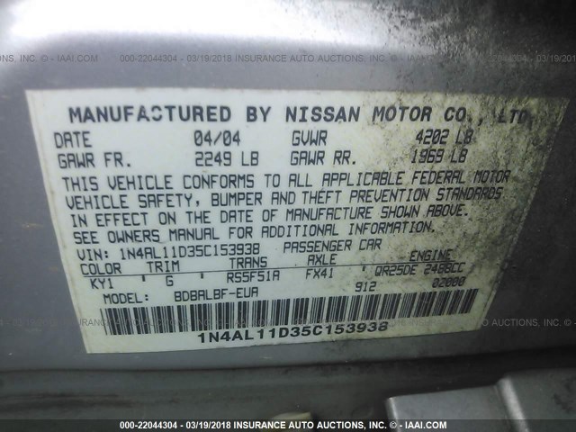 1N4AL11D35C153938 - 2005 NISSAN ALTIMA S/SL SILVER photo 9