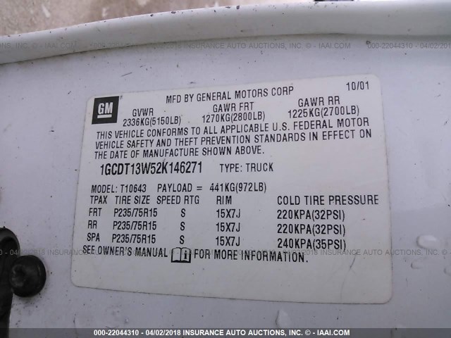 1GCDT13W52K146271 - 2002 CHEVROLET S TRUCK S10 WHITE photo 9