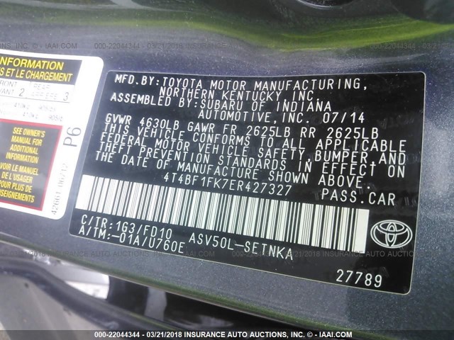 4T4BF1FK7ER427327 - 2014 TOYOTA CAMRY L/SE/LE/XLE 灰色 照片 9