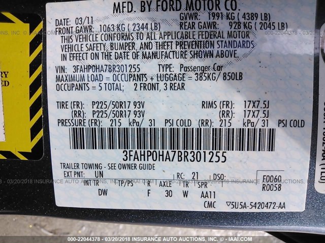 3FAHP0HA7BR301255 - 2011 FORD FUSION SE BLUE photo 9