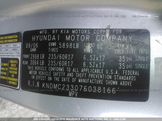 KNDMC233076038166 - 2007 HYUNDAI ENTOURAGE GLS/SE/LIMITED SILVER photo 9