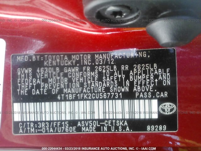 4T1BF1FK2CU567731 - 2012 TOYOTA CAMRY SE/LE/XLE RED photo 9
