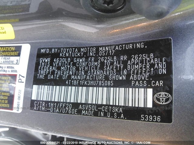 4T1BF1FK3HU785085 - 2017 TOYOTA CAMRY LE/XLE/SE/XSE GRAY photo 9