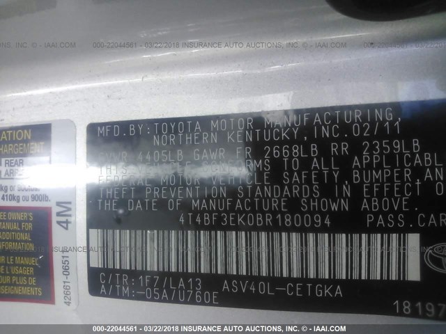 4T4BF3EK0BR180094 - 2011 TOYOTA CAMRY SE/LE/XLE ვერცხლისფერი ფოტო 9