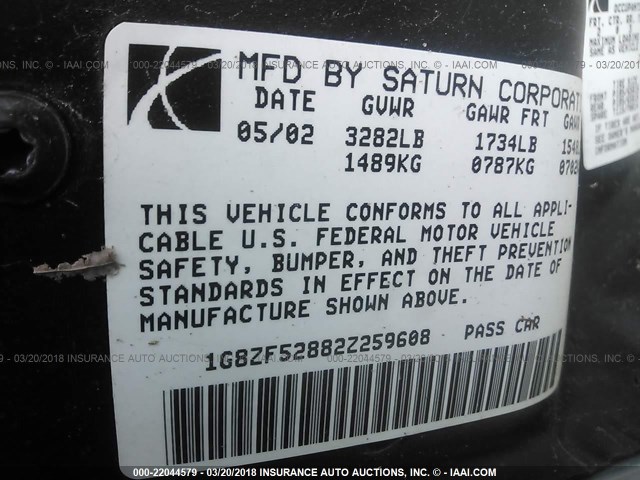 1G8ZF52882Z259608 - 2002 SATURN SL GRAY photo 9