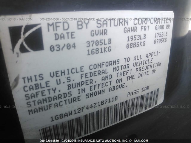1G8AW12F44Z187118 - 2004 SATURN ION LEVEL 3 BLACK photo 9