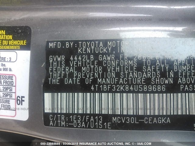 4T1BF32K84U589686 - 2004 TOYOTA CAMRY LE/XLE/SE ნაცრისფერი ფოტო 9