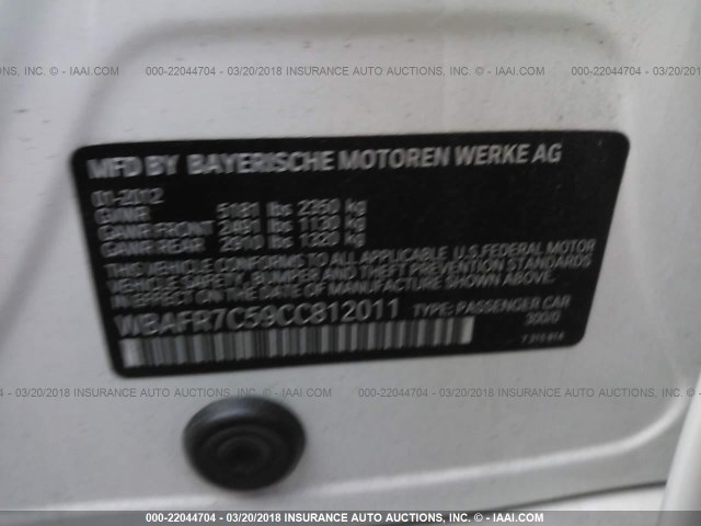 WBAFR7C59CC812011 - 2012 BMW 535 I WHITE photo 9