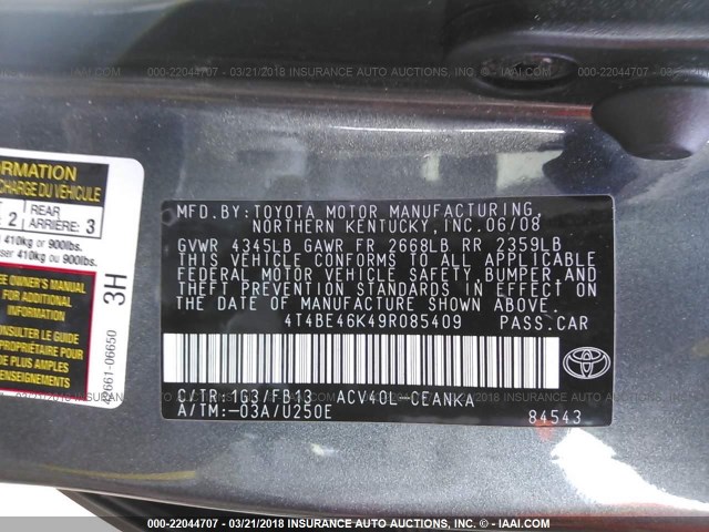 4T4BE46K49R085409 - 2009 TOYOTA CAMRY SE/LE/XLE GRAY photo 9