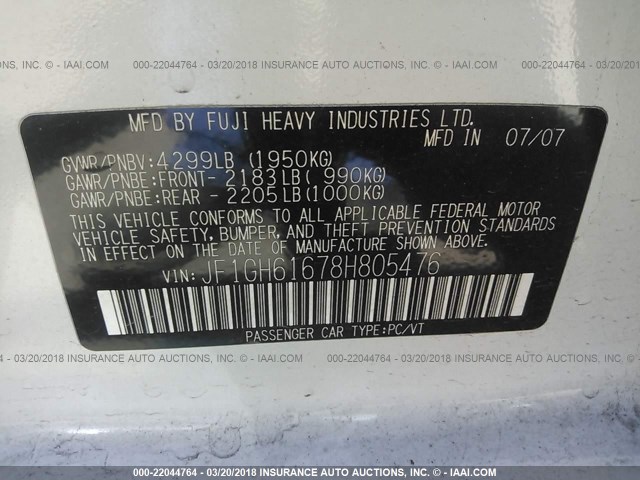 JF1GH61678H805476 - 2008 SUBARU IMPREZA 2.5I WHITE photo 9