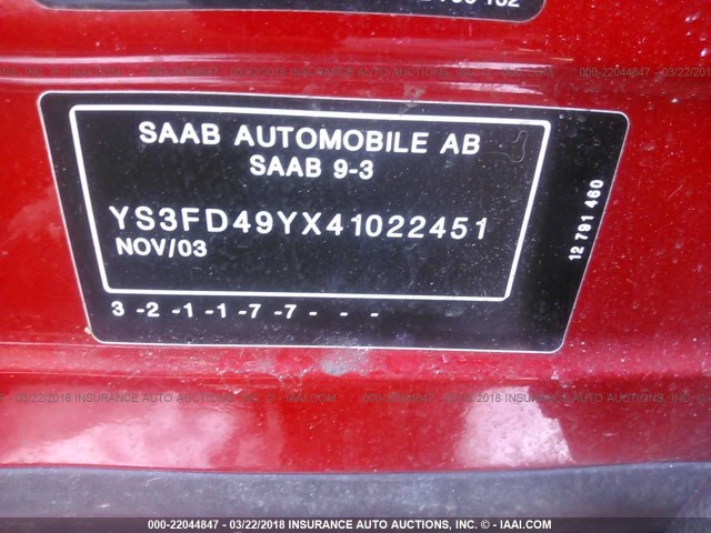 YS3FD49YX41022451 - 2004 SAAB 9-3 ARC RED photo 9