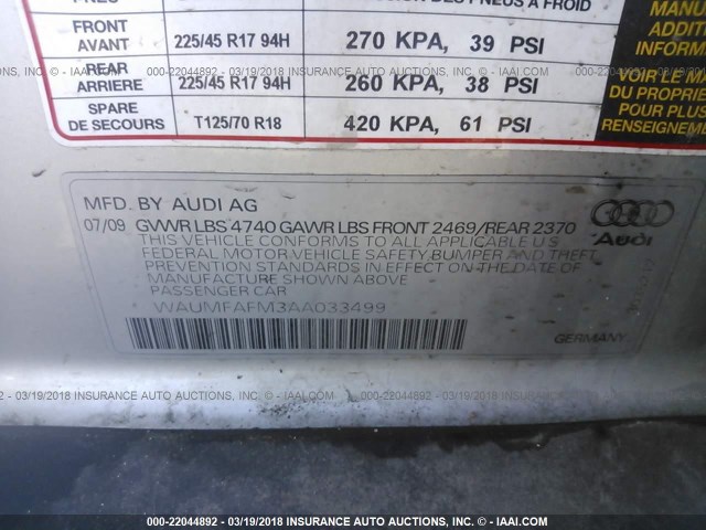 WAUMFAFM3AA033499 - 2010 AUDI A3 PREMIUM PLUS SILVER photo 9