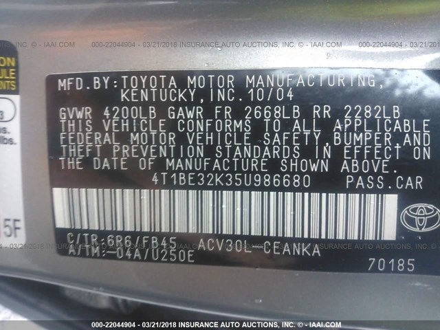 4T1BE32K35U986680 - 2005 TOYOTA CAMRY LE/XLE/SE GRAY photo 9