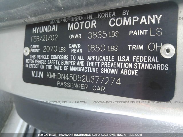 KMHDN45D52U377274 - 2002 HYUNDAI ELANTRA GLS/GT SILVER photo 9