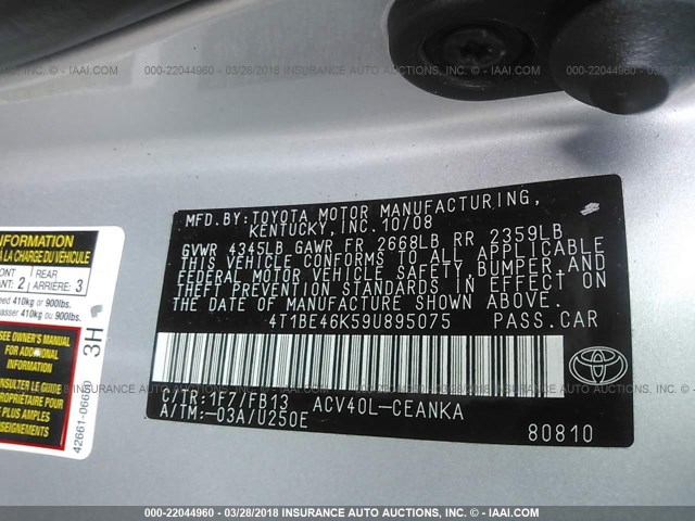 4T1BE46K59U895075 - 2009 TOYOTA CAMRY SE/LE/XLE SILVER photo 9