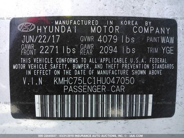 KMHC75LC1HU047050 - 2017 HYUNDAI IONIQ SEL WHITE photo 9