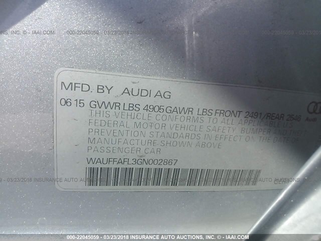 WAUFFAFL3GN002867 - 2016 AUDI A4 PREMIUM PLUS/S-LINE SILVER photo 9